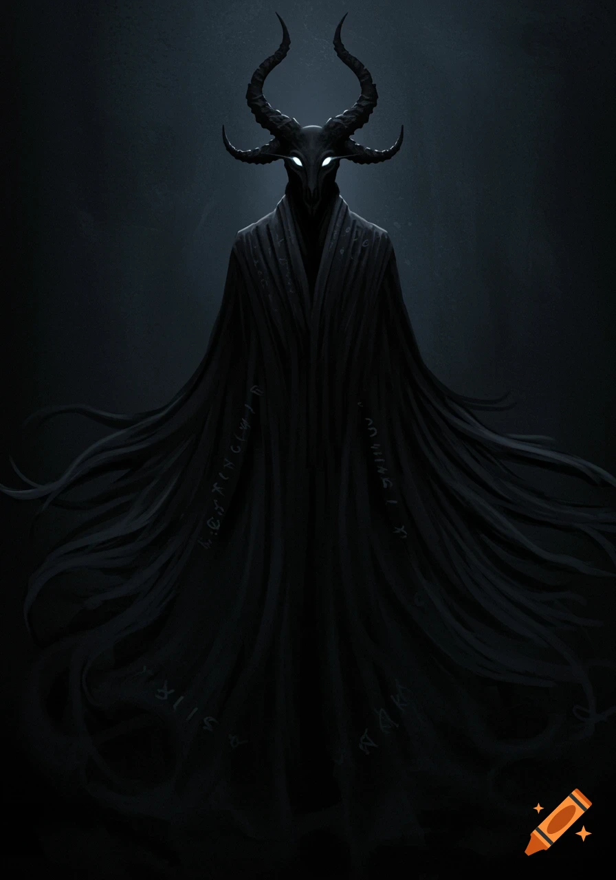 A tall, sinister entity with a black goat head, glowing eyes, and a long black robe adorned with faint symbols stands in a dark void.