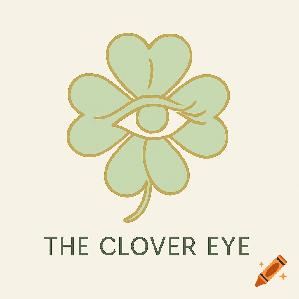Minimalist logo of a green four-leaf clover with a golden outline, featuring a stylized eye in the center, and the text 'THE CLOVER EYE' below it.
