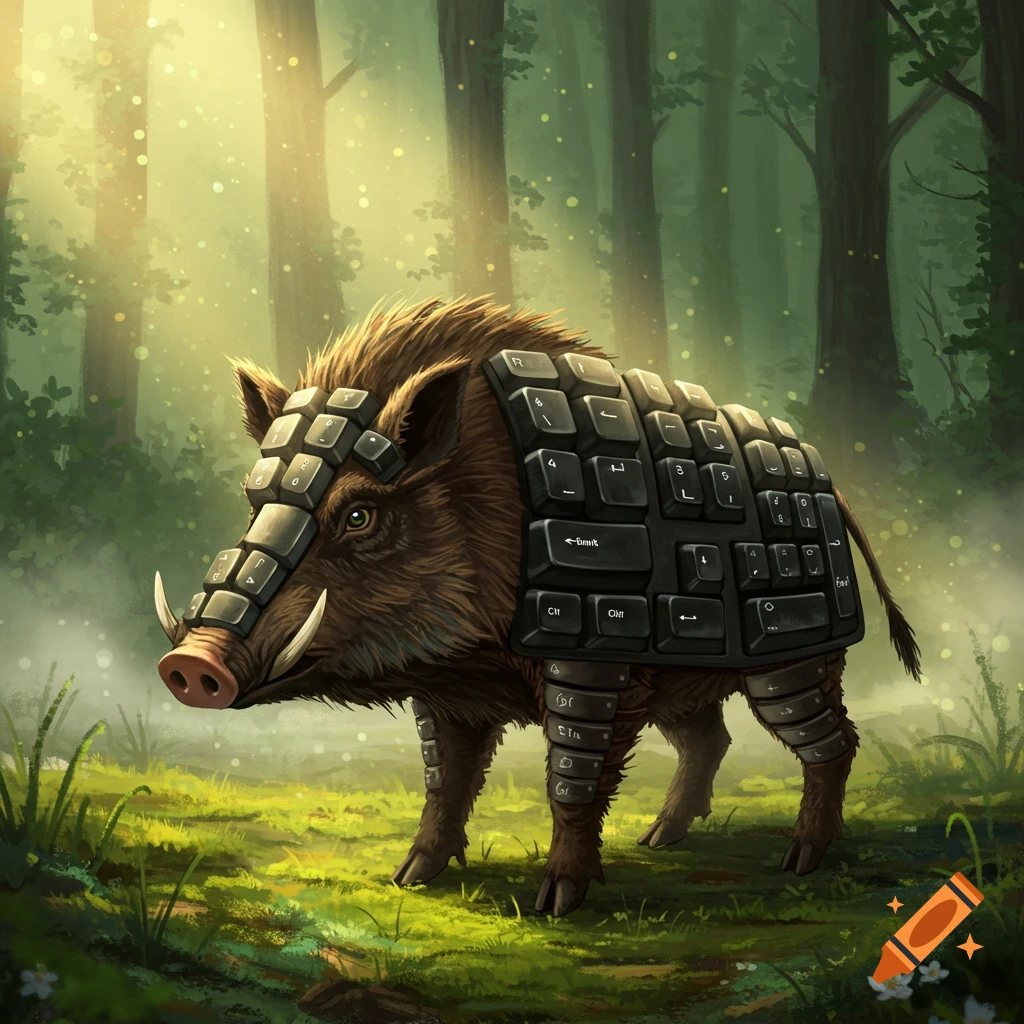 A brown boar with armor made of black computer keyboard keys stands in a sunlit forest, digital art.