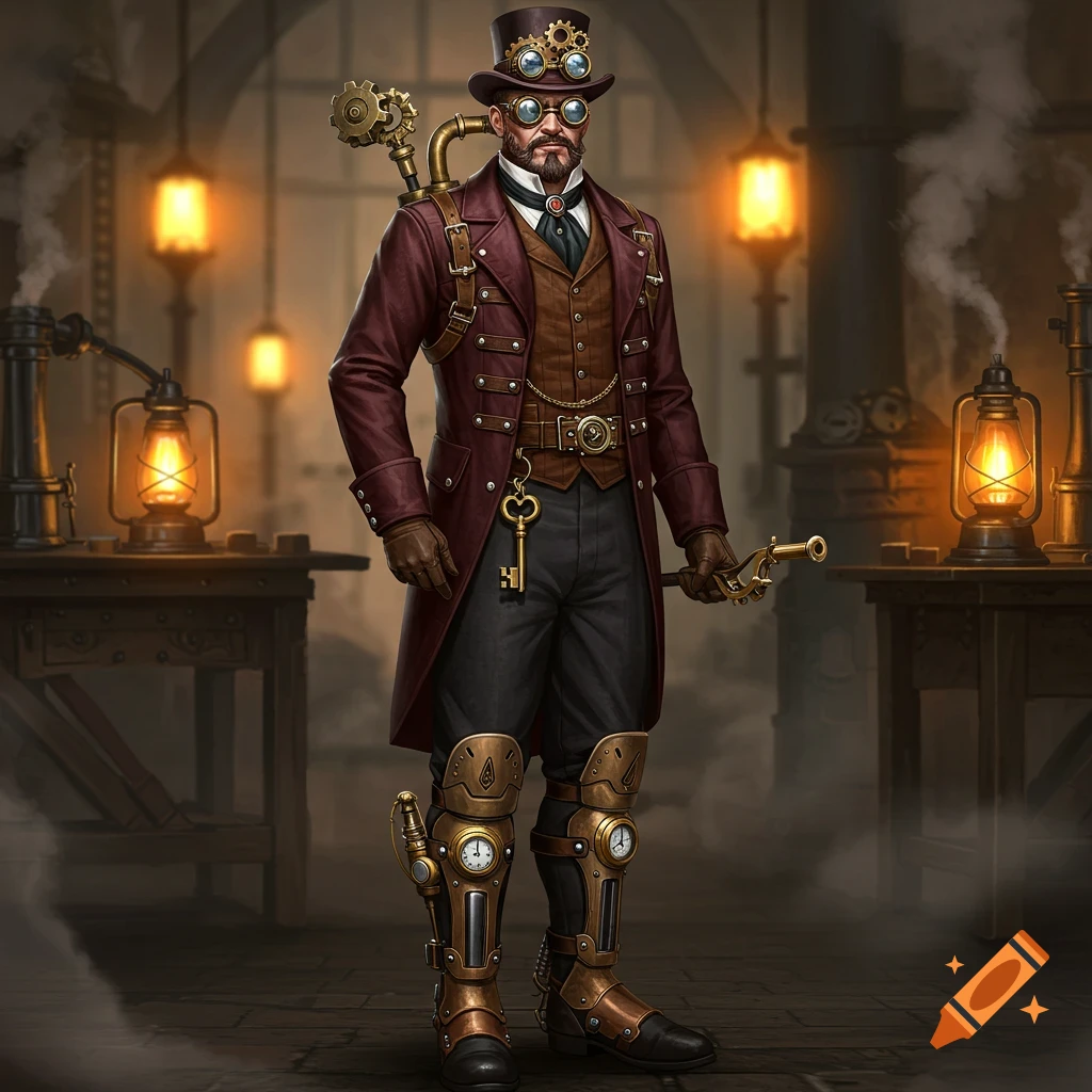A steampunk man in a long, maroon coat, waistcoat, top hat with goggles, and clockwork leg armor stands in an illuminated workshop.