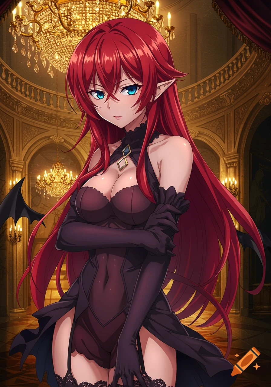 Anime woman with long red hair, blue eyes, pointed ears, and bat wings in a dark dress and gloves, standing in a lavish room with chandeliers.