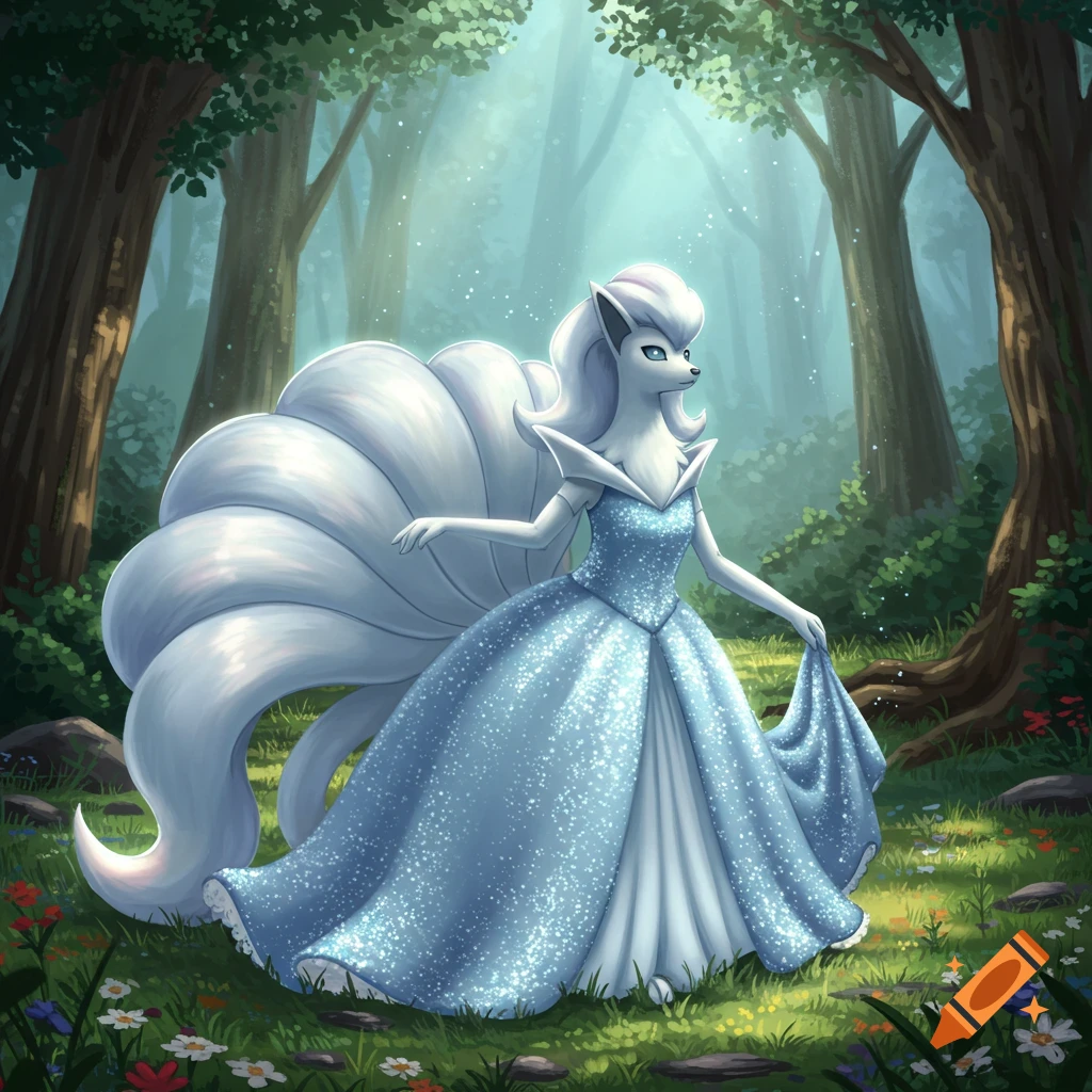 Alolan Ninetales wearing a shimmering blue princess gown in an enchanted forest.