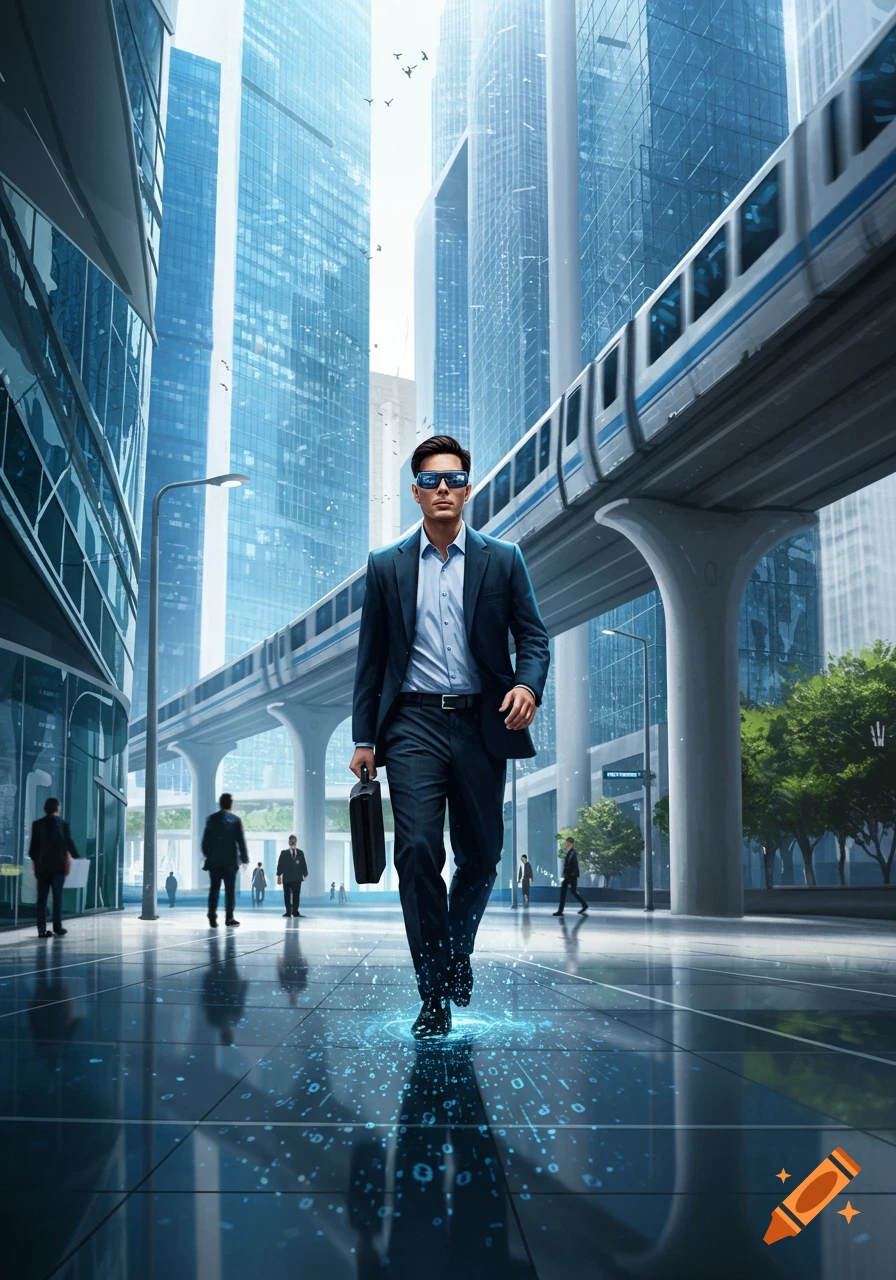 A man in a suit with smart glasses walks on a digital street in a futuristic city with a sky train.