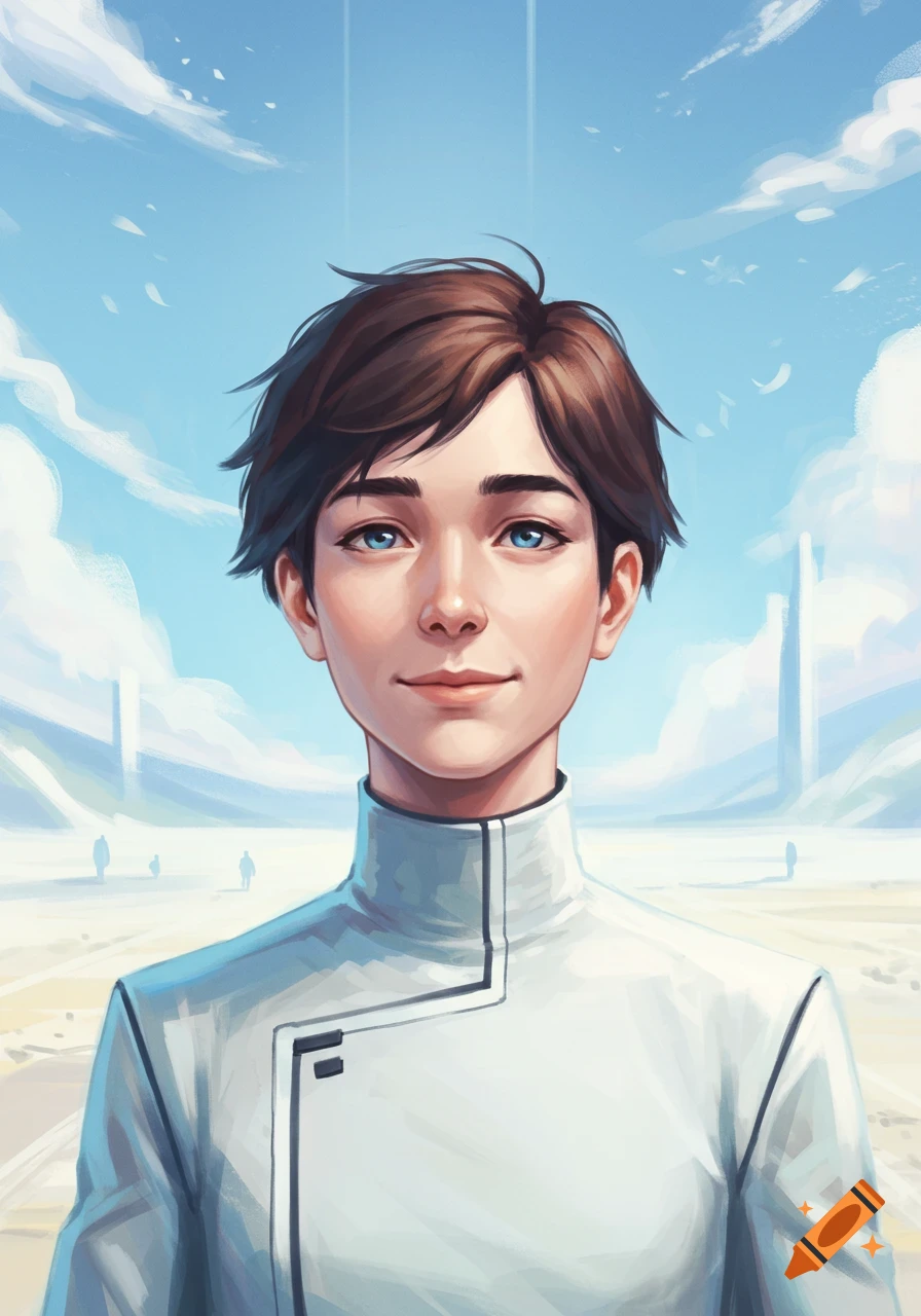 A painterly portrait of a young person with brown hair and blue eyes, wearing a white futuristic uniform, set against a bright, airy sci-fi landscape.