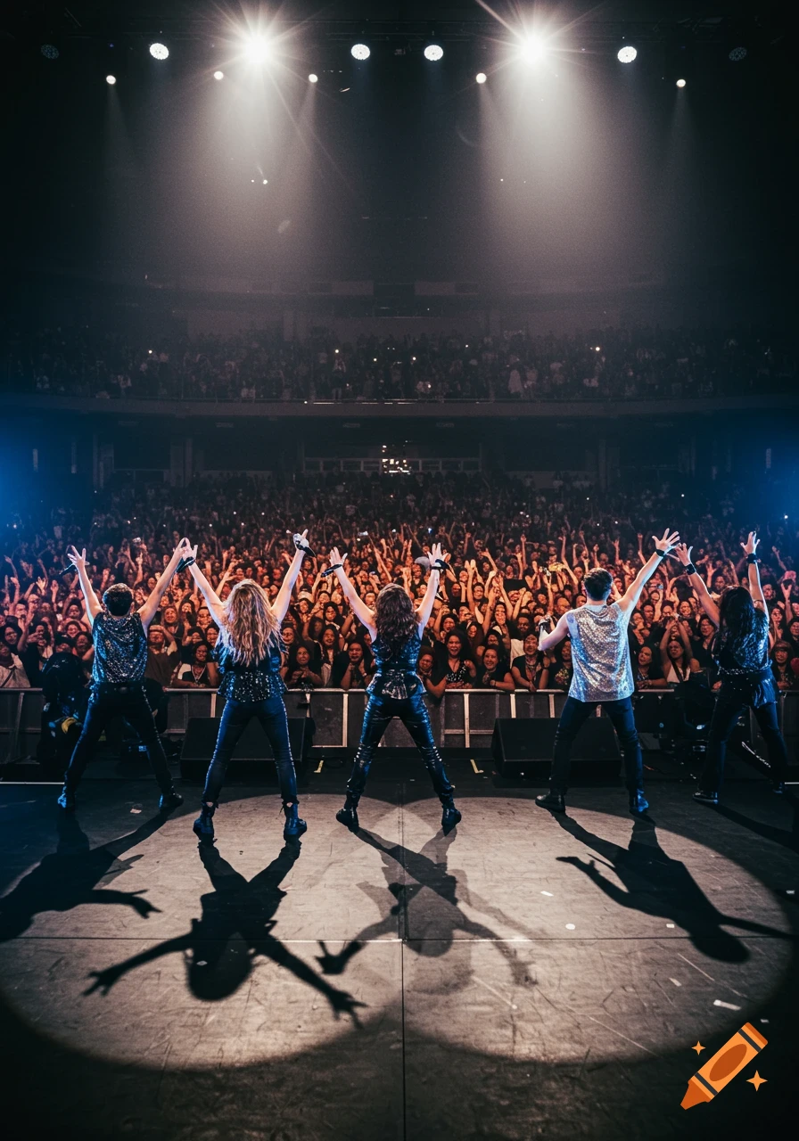 Six musicians performing on a dimly lit stage with bright spotlights, facing a large, cheering audience with raised hands.