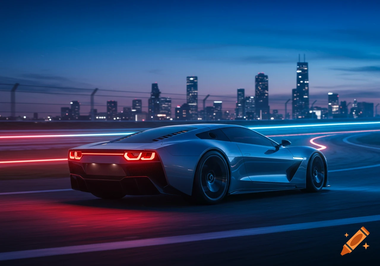A sleek silver sports car with glowing red taillights speeds down a road at dusk, with a blurred cityscape and neon light trails in the background.