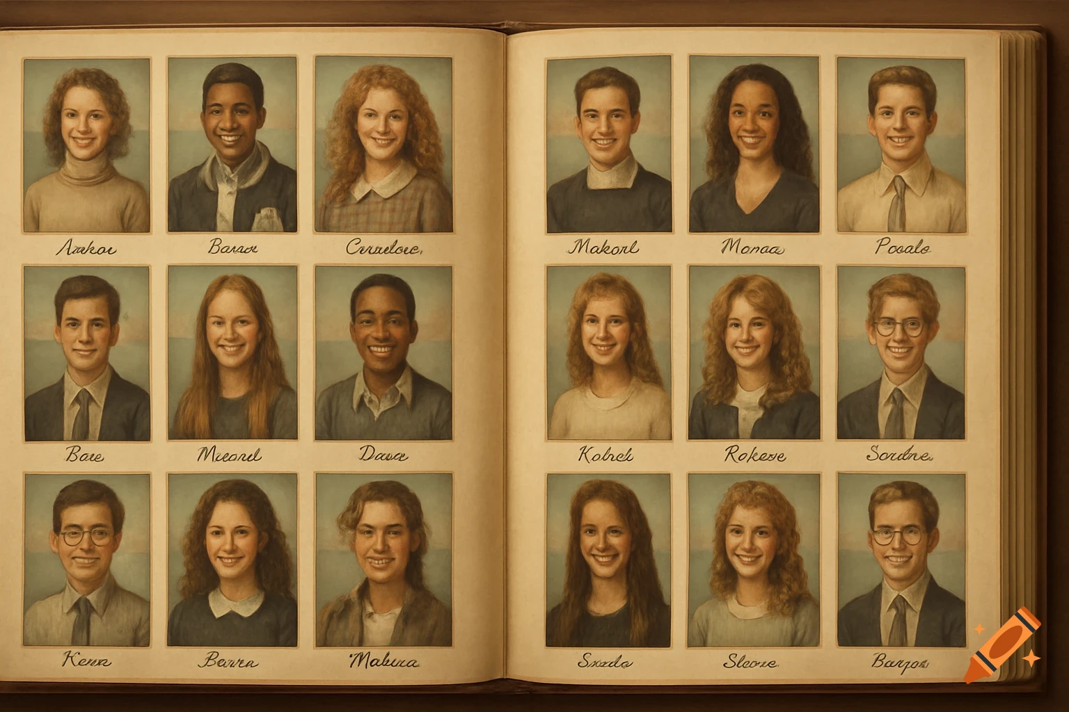 An open vintage yearbook displays 18 painted portraits of smiling high school students in individual rectangular frames with names underneath.