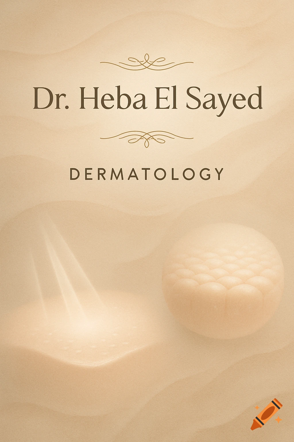 A minimalist beige and gold logo for Dr. Heba El Sayed Dermatology, featuring textured spheres.