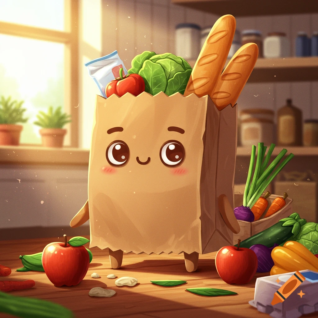 A cute, smiling paper bag character filled with groceries stands on a kitchen counter with fruits and vegetables around it in a cartoon style.