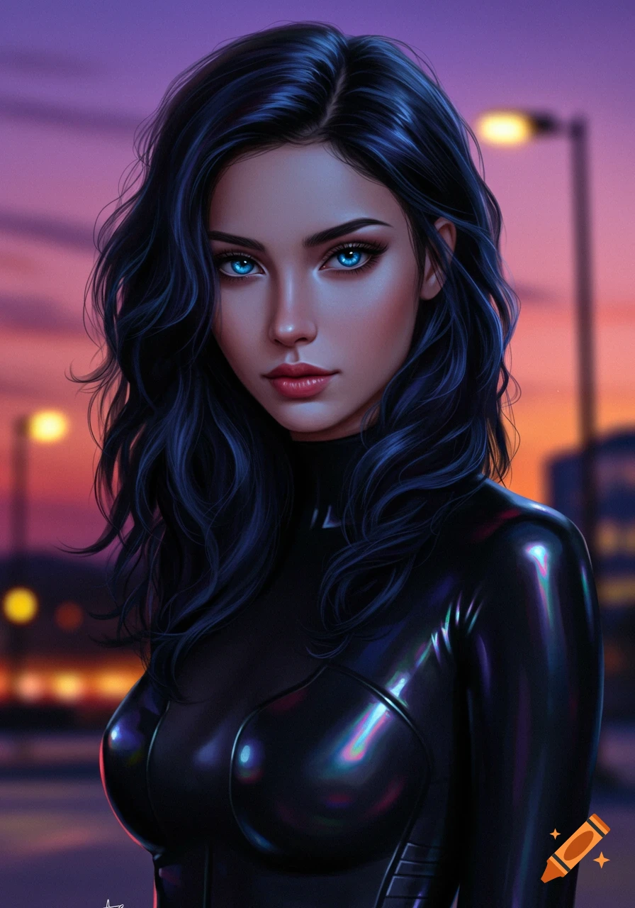 A beautiful young woman with black hair and striking blue eyes in a black skin-tight outfit stands against a blurred city sunset background, digital art.