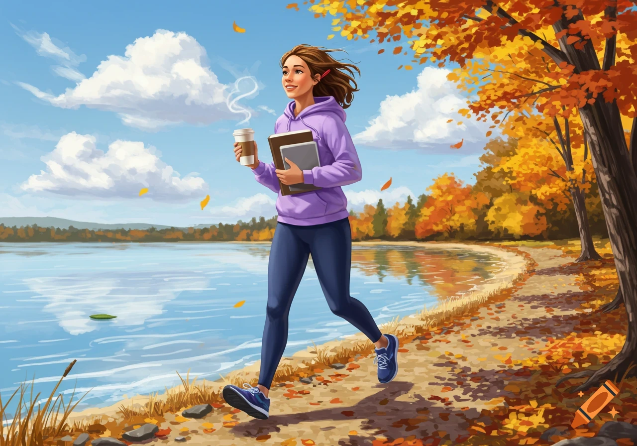 An illustration of a woman jogging on a path next to a lake, surrounded by autumn trees. She holds a coffee cup and books.