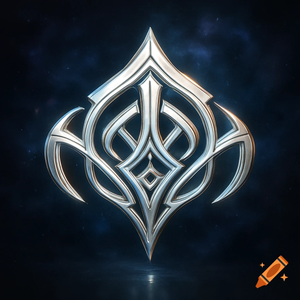 Shiny silver metallic Warframe Orokin ablation logo, an intricate symmetrical emblem with a pointed design on a dark cosmic background.