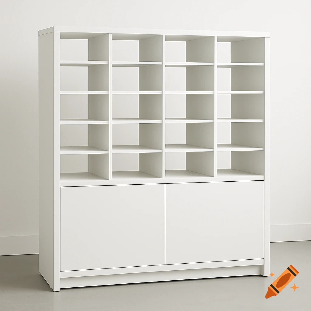 A modern, minimalist white mail organizer cabinet featuring 25 open cubbies on the top and two closed storage doors on the bottom.