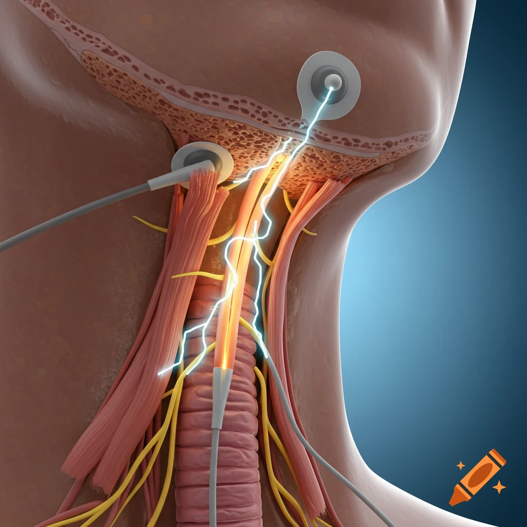 3D medical illustration of an electrode stimulating the carotid sinus nerve in a human neck, showing muscles and nerves.