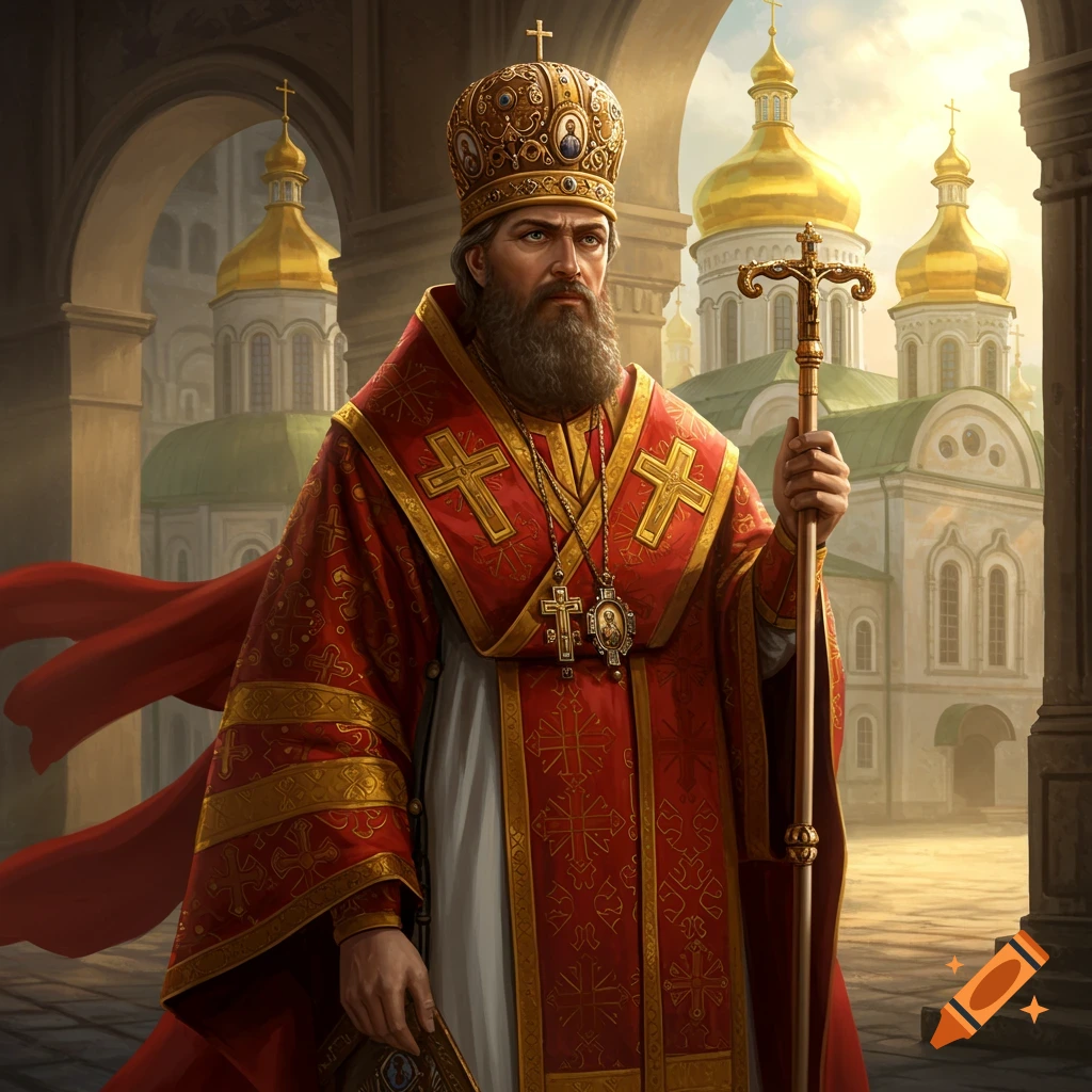A bearded man in ornate red and gold religious robes and crown holds a staff, standing before a grand building with golden domes.
