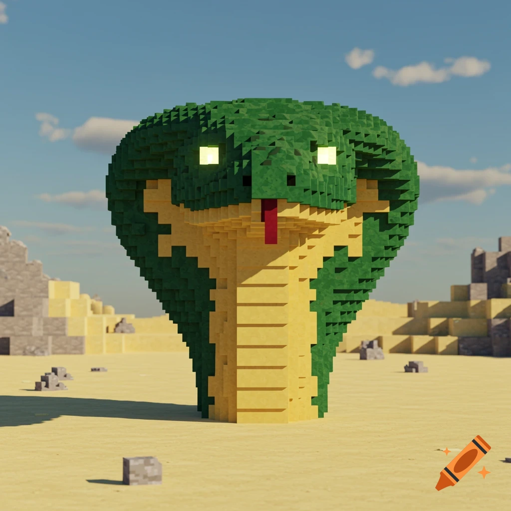 A blocky green and yellow cobra head in Minecraft style emerges from a sandy desert.