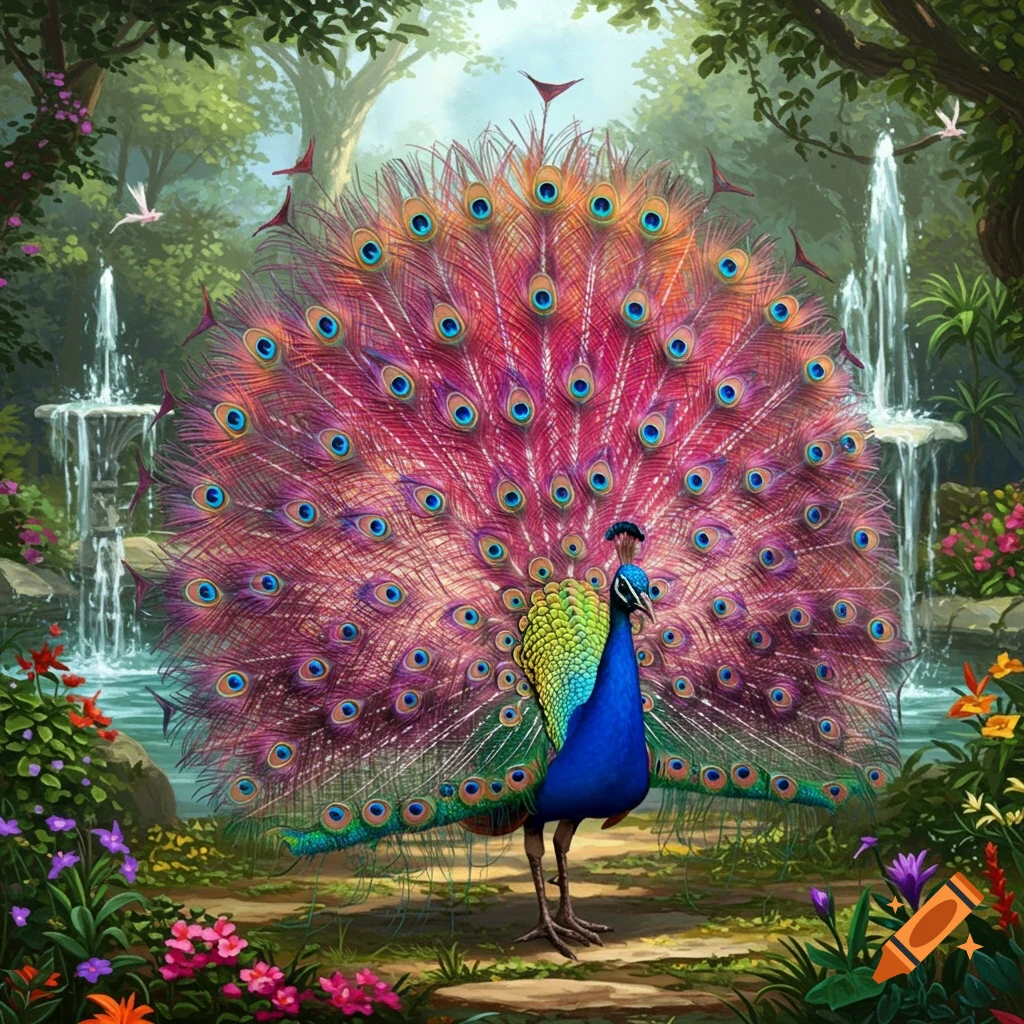 A vibrant peacock with colorful pink and purple tail feathers displayed, standing in a lush, green garden with waterfalls.