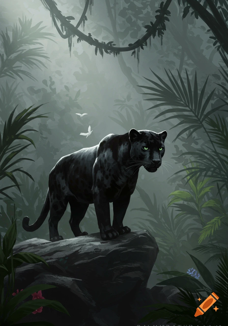 A black panther with green eyes stands on a rock in a misty, dark jungle with palm leaves.