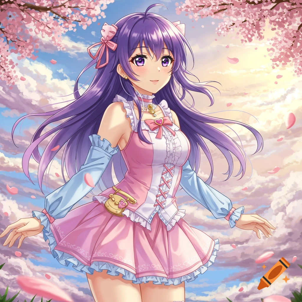 An anime girl with long purple hair and a pink dress stands smiling under pink cherry blossoms against a blue sky.