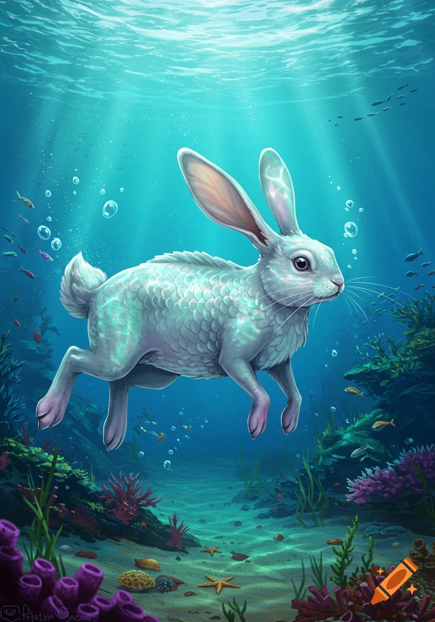 A white bunny-fish hybrid with scales swims in a vibrant blue ocean with sunlight filtering down, surrounded by colorful coral and small fish.
