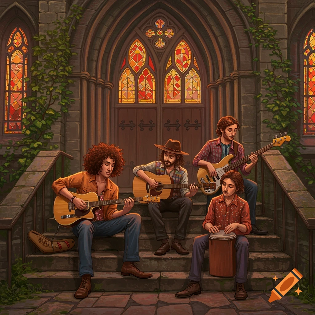 A four-piece band plays acoustic and electric guitars and a drum on the stone steps outside a gothic church with stained glass windows.