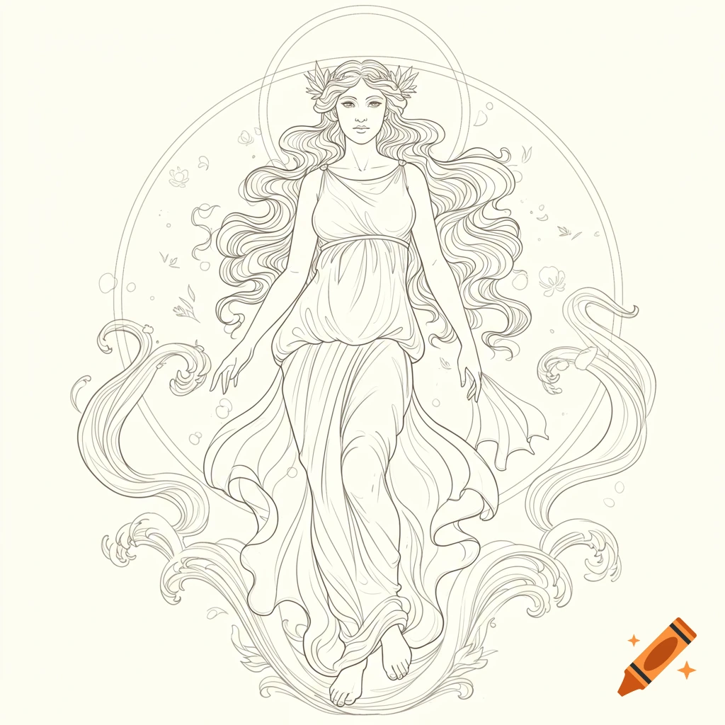 Fine line art drawing of a goddess-like woman with long flowing hair and a wreath, surrounded by Art Nouveau swirls.