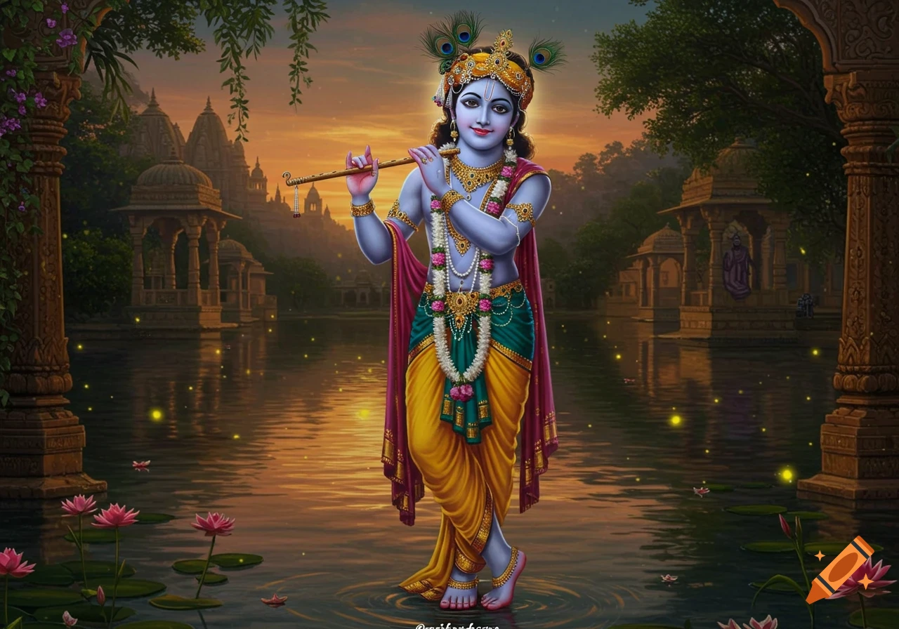 Blue-skinned Lord Krishna playing a flute, adorned with jewels and peacock feathers, standing on water with lotus flowers, against a sunset temple background.