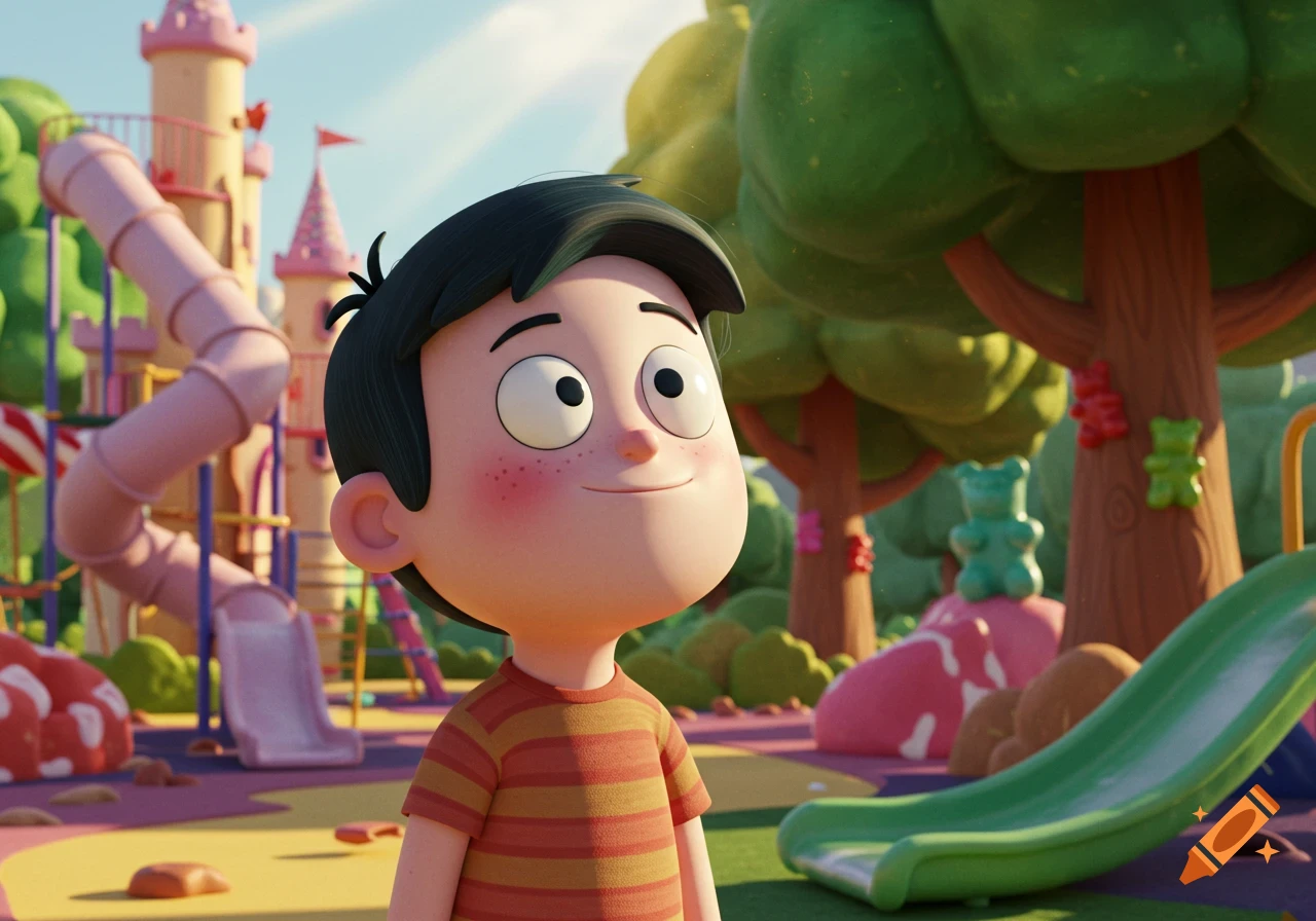 A smiling cartoon boy with dark hair and a striped shirt stands in a brightly colored playground with slides and castles.