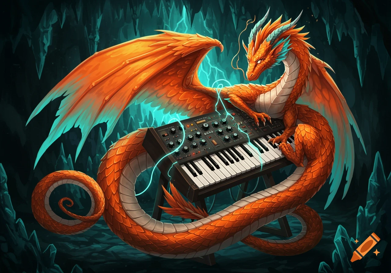 A vibrant orange dragon with teal accents plays a synthesizer in a glowing blue cavern.