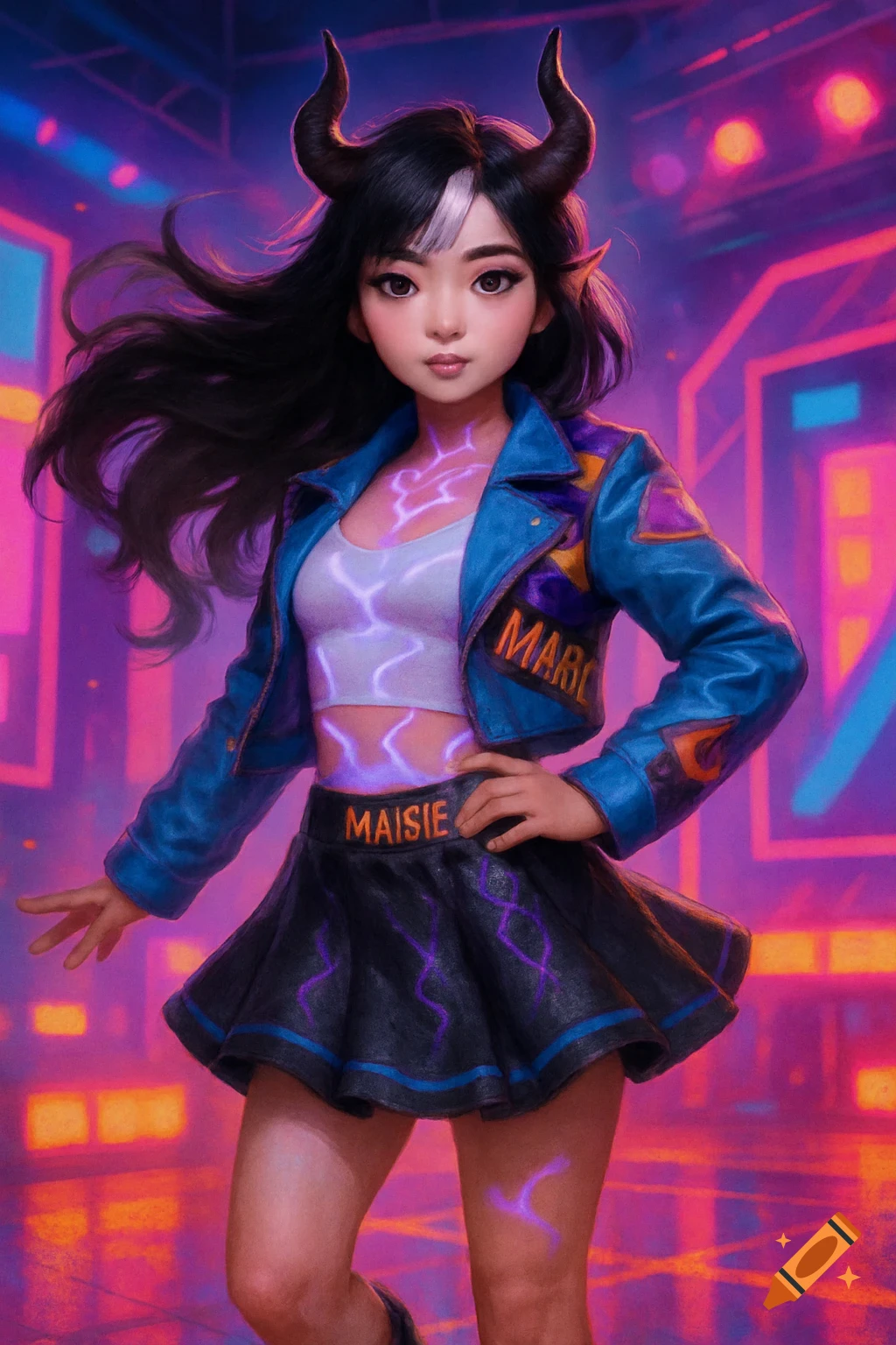 A stylized young woman with dark hair, demon horns, and glowing purple patterns, wearing a blue leather jacket and black skirt against a neon pink and purple background.