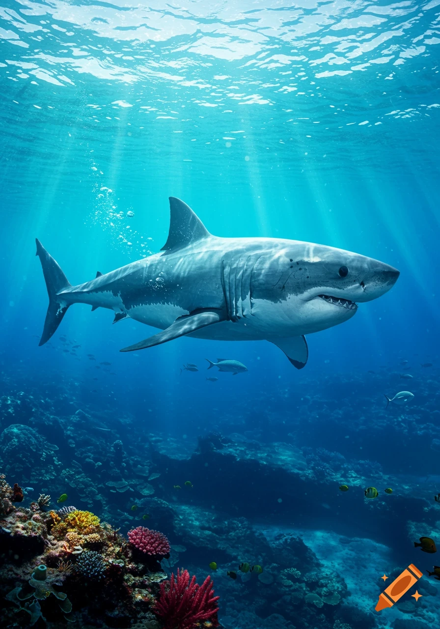 A large great white shark swims through clear blue ocean water with sunlight streaming from above, a vibrant coral reef below.