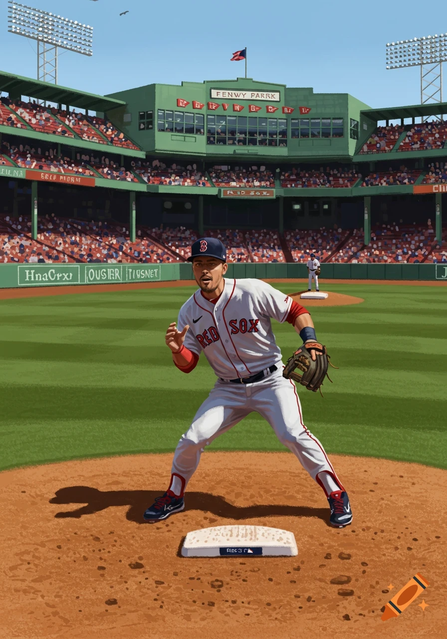 A baseball player in a Boston Red Sox uniform on the field at Fenway Park, in a fielding stance near first base.