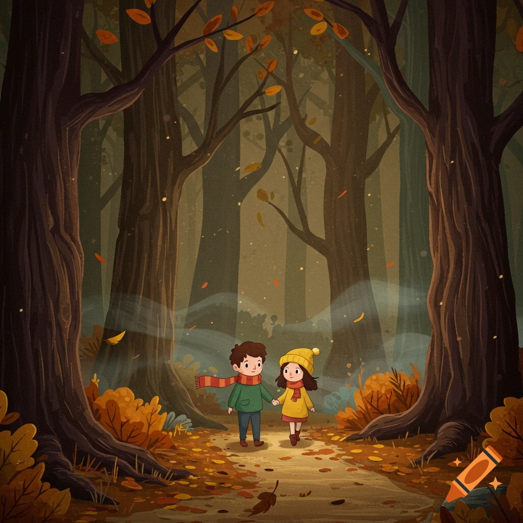 A cartoon of a young boy and girl holding hands, walking on a leaf-strewn path through a dark, autumnal forest.