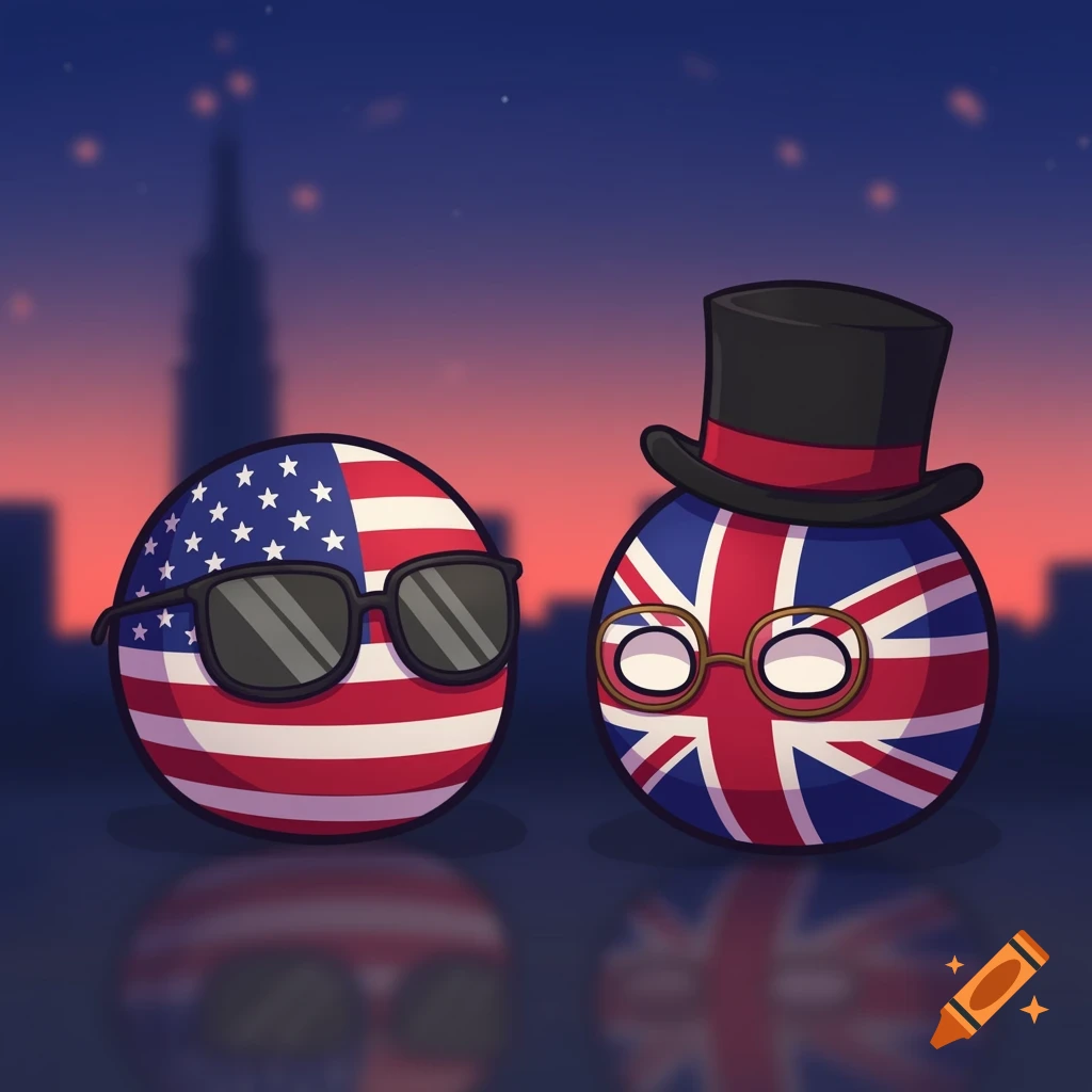 Cartoon countryballs of USA with sunglasses and UK with a top hat and spectacles, reflected against a city skyline at dusk.