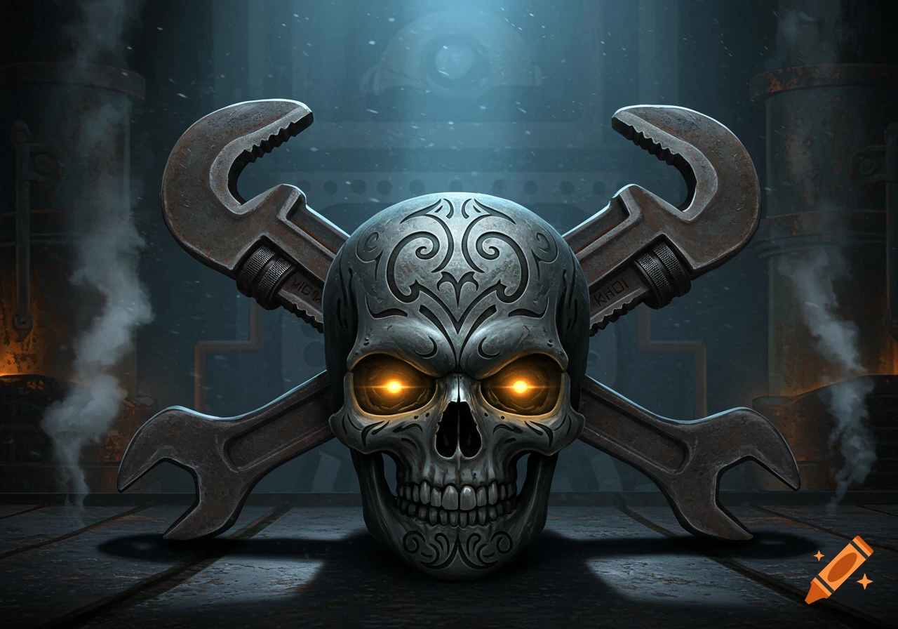 A stylized metal skull with glowing orange eyes, crossed by two rusted pipe wrenches, against a dark, smoky industrial background.