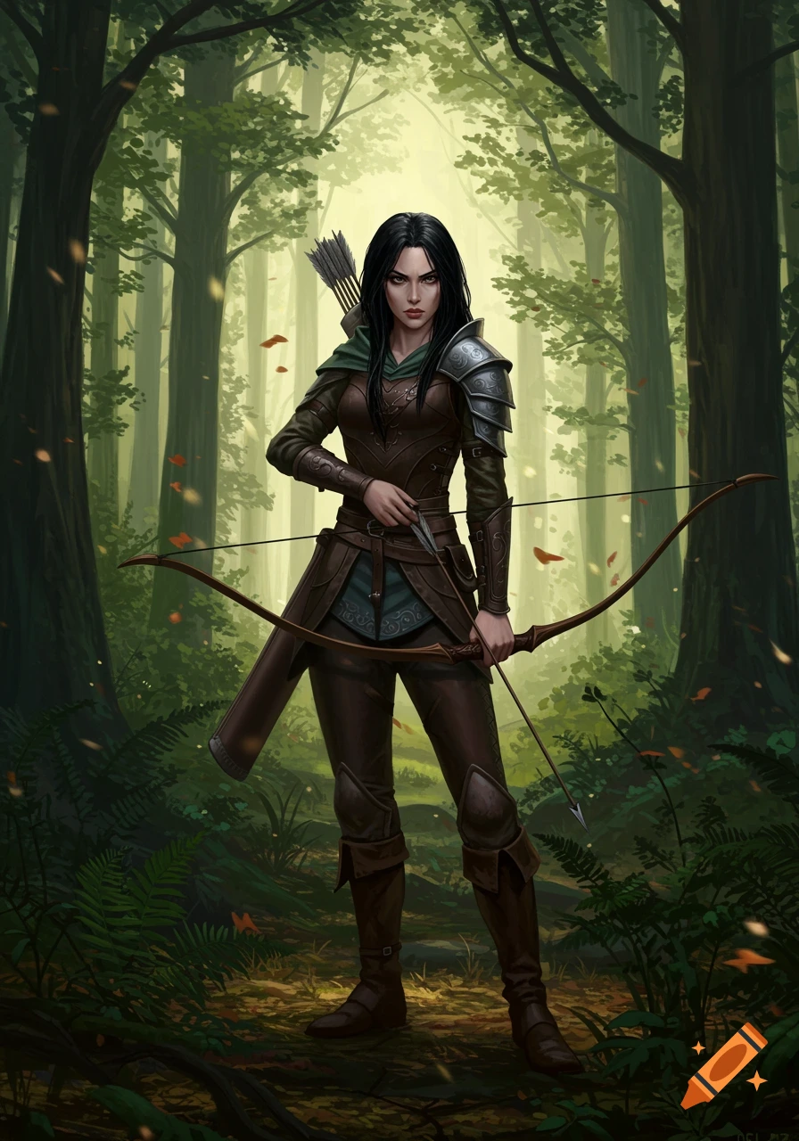 A female ranger with long black hair, dressed in brown leather armor, holds a longbow in a lush green forest.