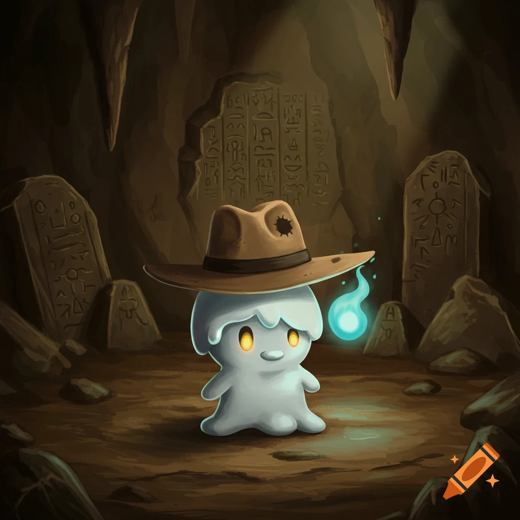 A cute Litwick Pokémon wearing an Indiana Jones-style fedora with a flame peeking through a hole, standing in an ancient cave ruin with carved stone tablets.