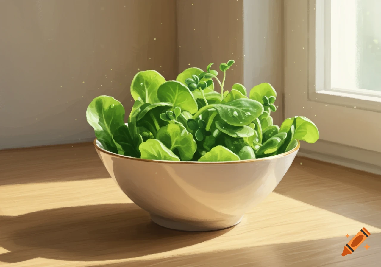 A white bowl of fresh green baby salad greens on a sunlit wooden table near a window, painted illustration style.