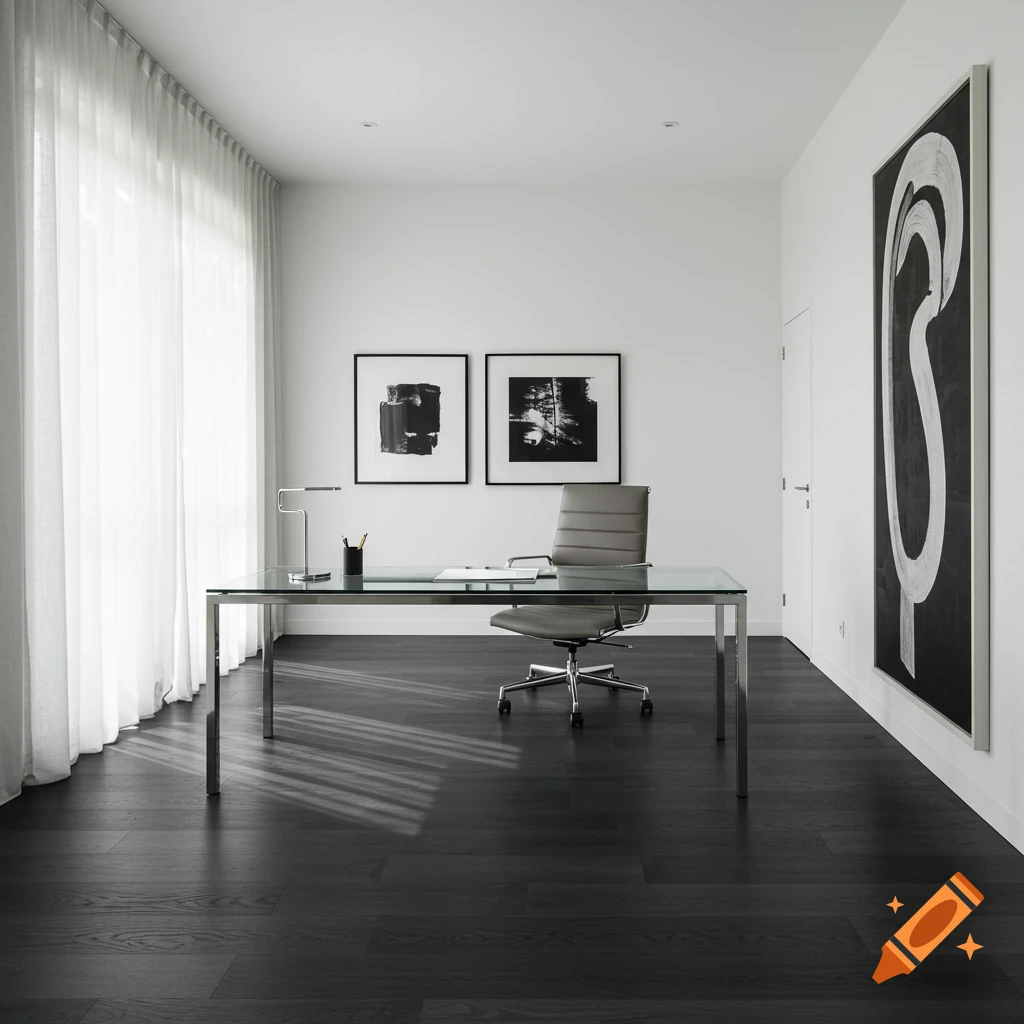 A minimalist office with a glass desk, grey chair, dark wood floor, white walls, and abstract art.