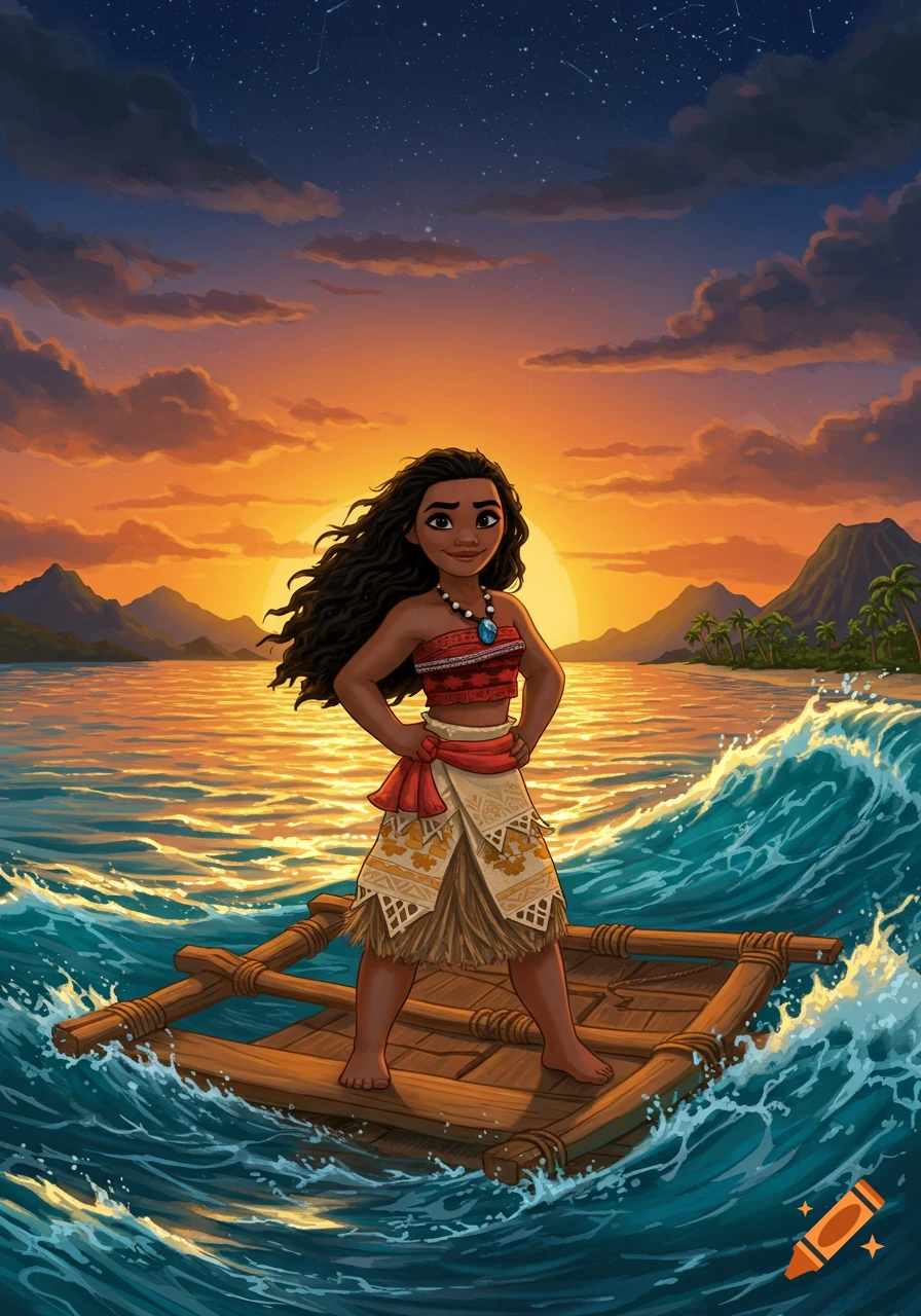 Animated illustration of Moana standing on a small wooden raft in a calm ocean at sunset.