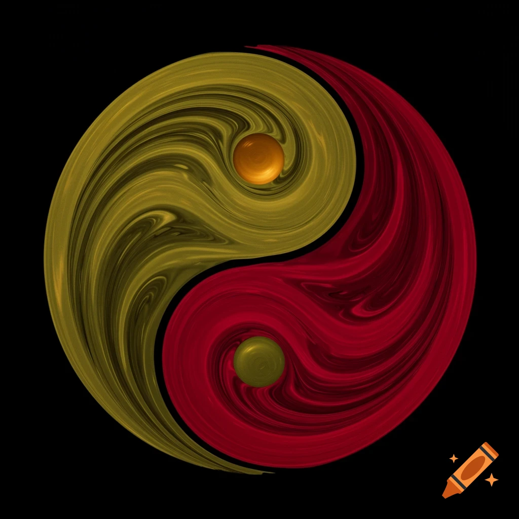 A swirling gold and red Yin Yang symbol on a black background.