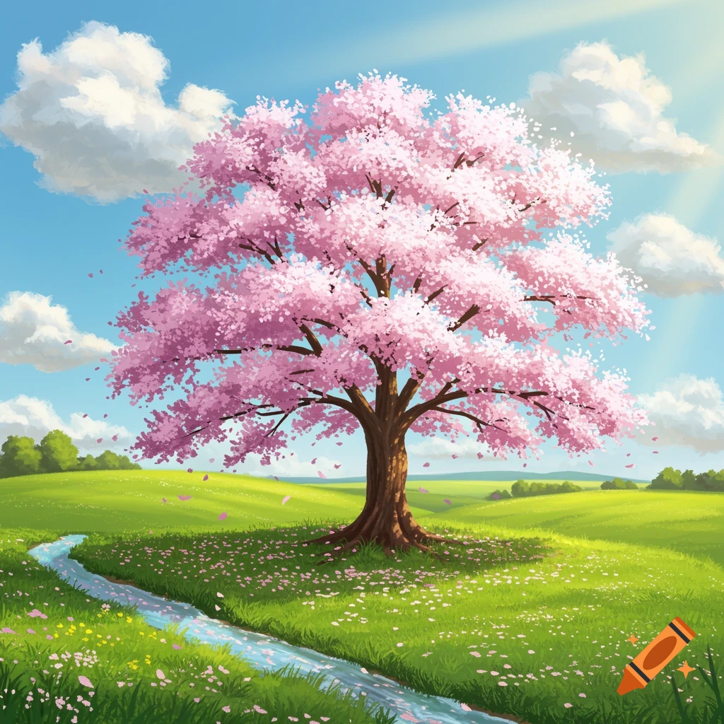 A vibrant cherry blossom tree stands in a lush green field with a winding stream under a bright blue sky.