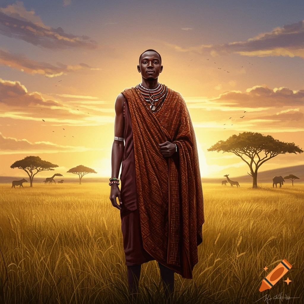 A man in traditional attire stands in a savanna at sunset, with acacia trees and animals in the background.
