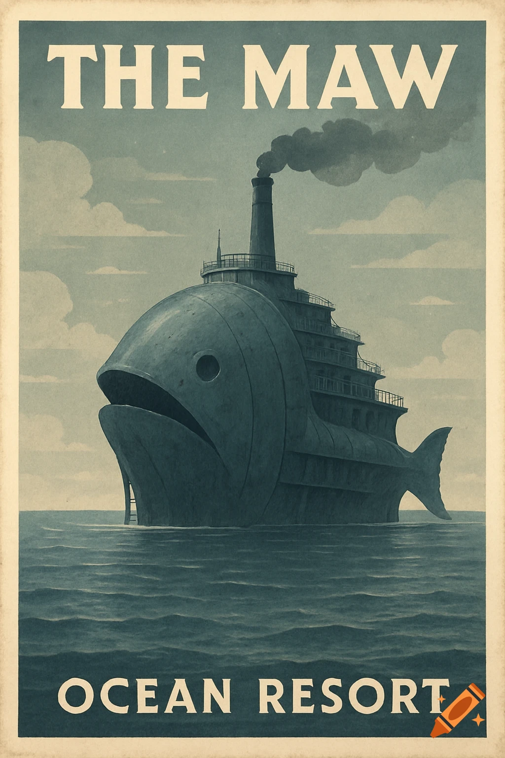 Vintage travel poster of a large, dark, fish-shaped ship called 'The Maw Ocean Resort' floating on the sea.