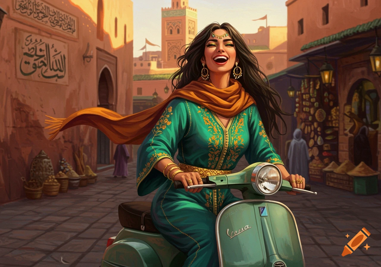 A woman in a vibrant green Moroccan kaftan and an orange scarf smiles while riding a mint green Vespa through a bustling marketplace street in Marrakech.