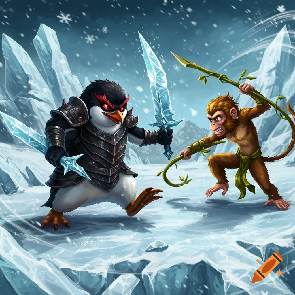 An armored, angry penguin wielding two ice swords faces off against a monkey with a leafy staff in a snowy, icy landscape, cartoon illustration style.