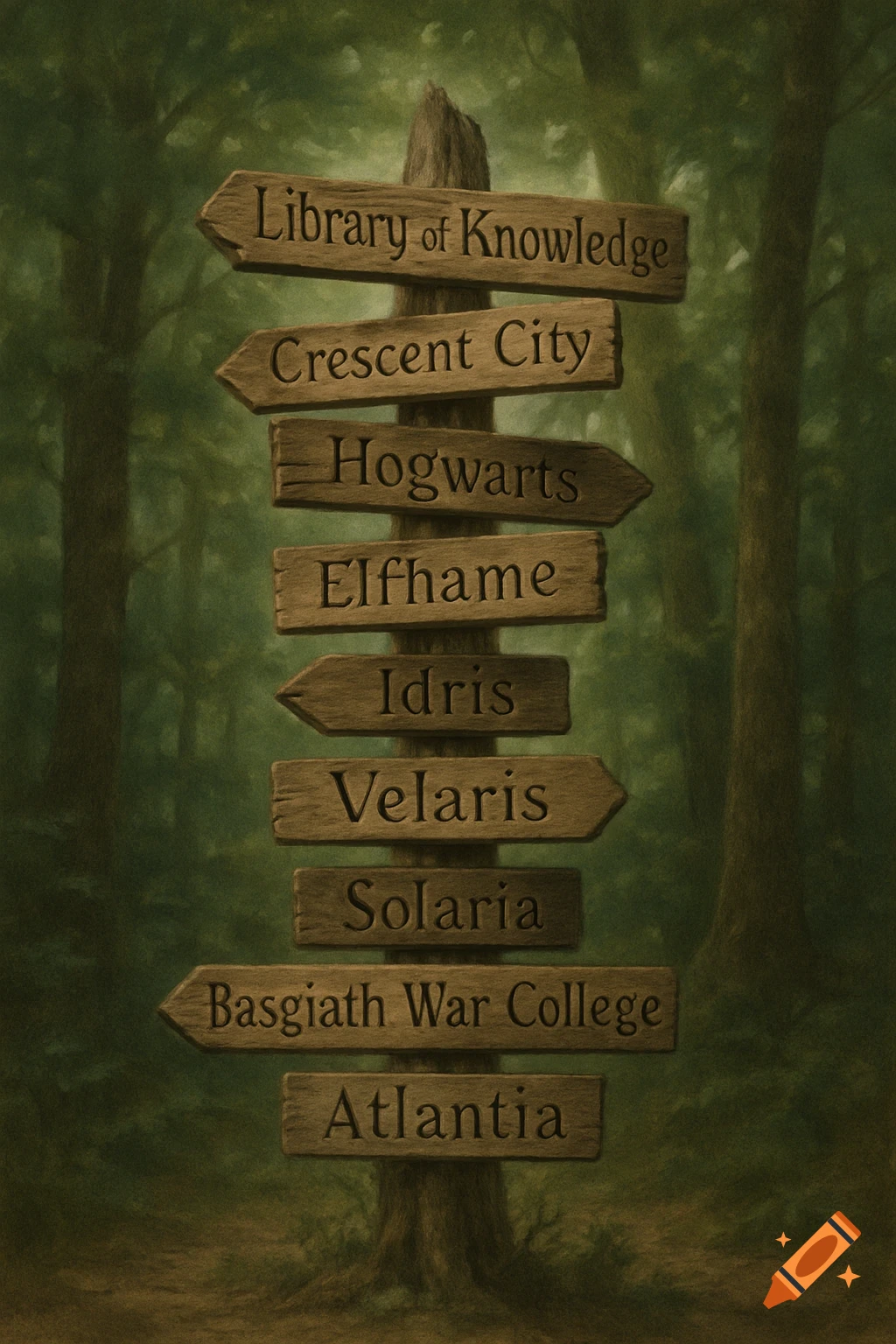 A wooden signpost in a green forest with arrows pointing to various fantasy locations like Library of Knowledge, Hogwarts, and Atlantia.