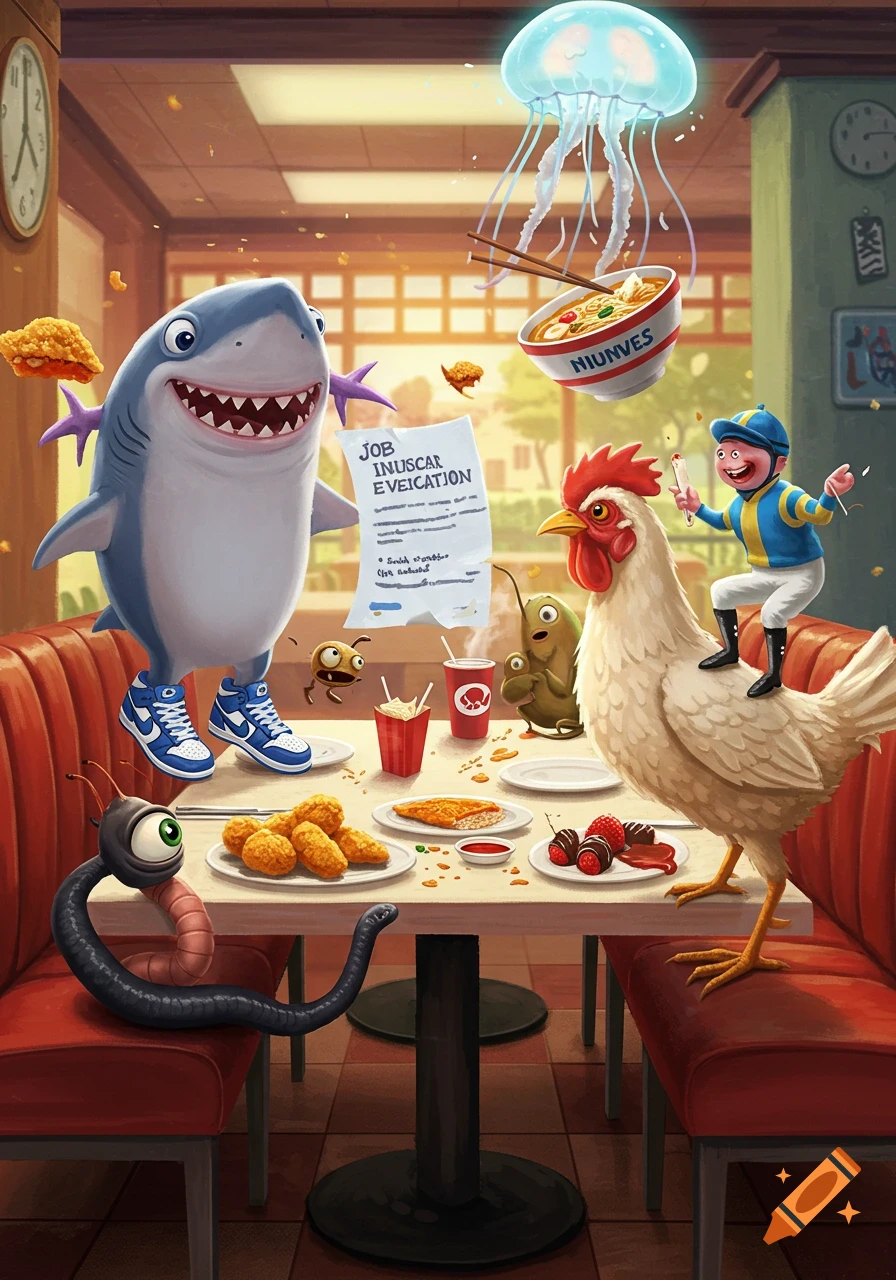 A whimsical restaurant scene with a shark in blue Nikes holding a paper, a jockey riding a chicken, a one-eyed worm, and a glowing jellyfish flying with ramen.