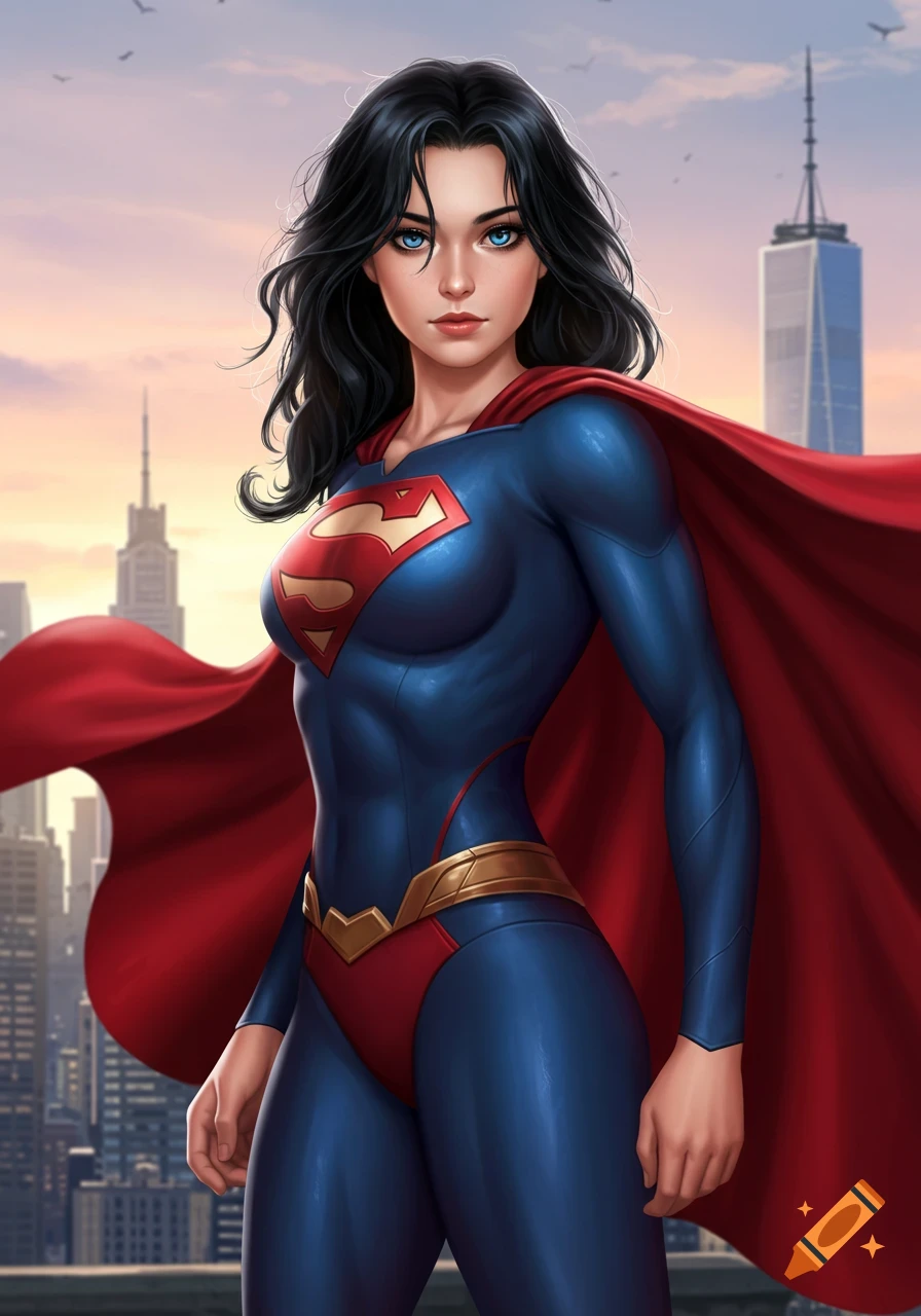 Woman with black hair and blue eyes in blue and red Superman uniform and red cape, standing against a city skyline at sunset.