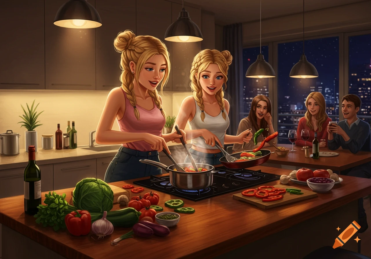Two animated blonde women cook in a modern kitchen while friends socialize at a table by a city view window.